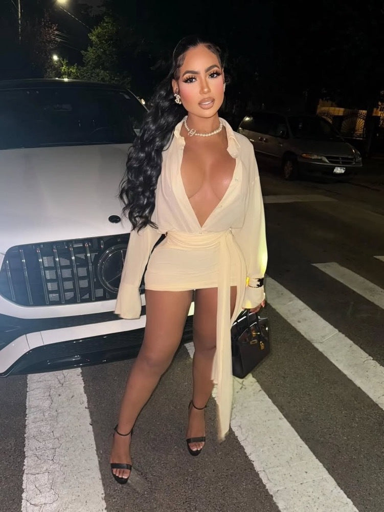 Women's Lace-Up Long Sleeve Button Up Short Dress 8