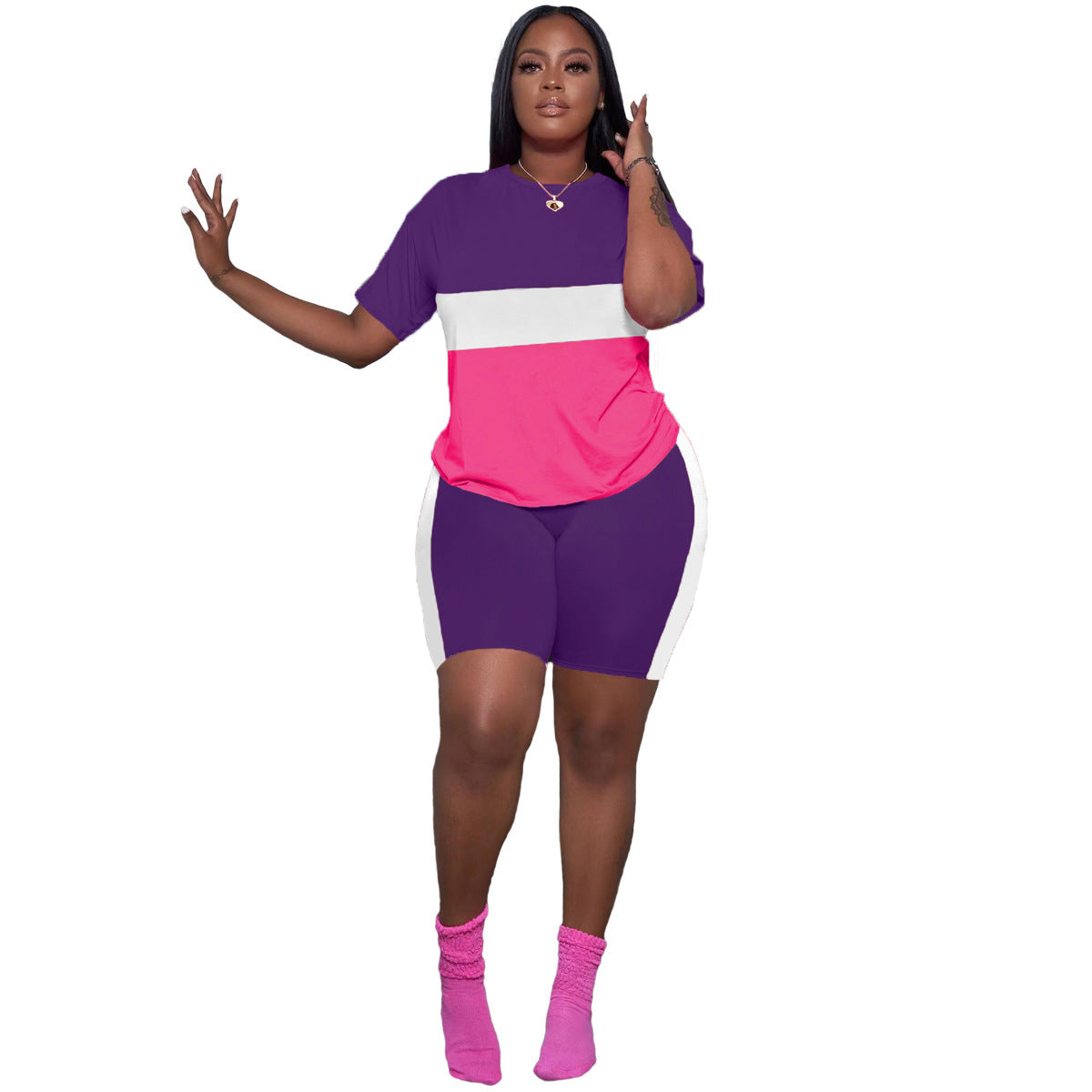 Women Color Block Short Sleeve Top and Shorts Sport Two-Piece Set 8