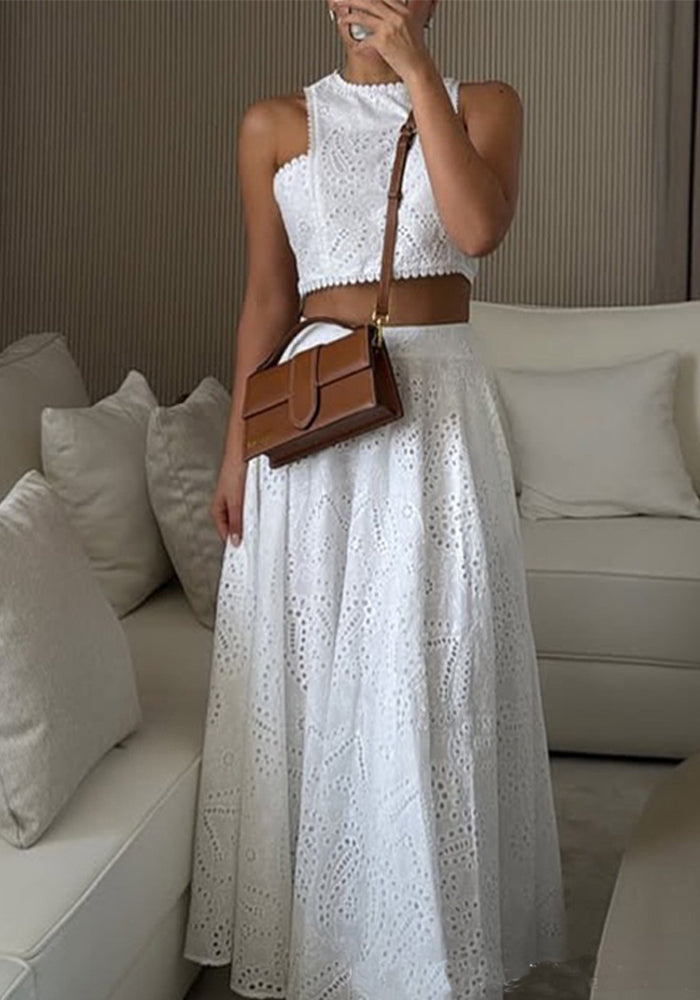 Women White Lace Sleeveless Crop Top and Skirt Two-Piece Set