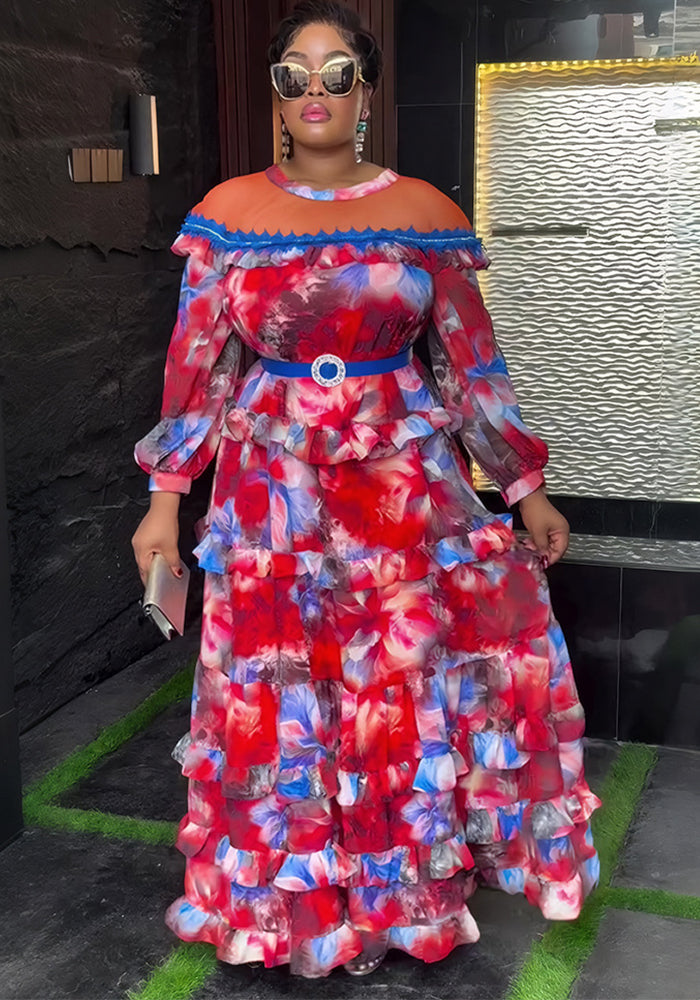 Plus-size African Women ruffled print beaded belt dress