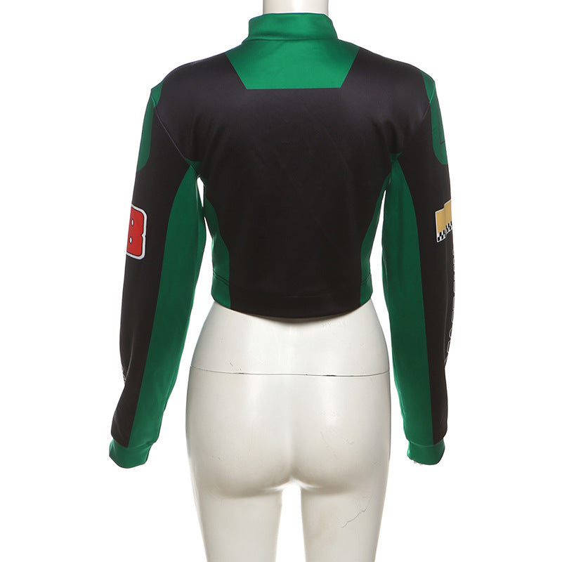 Women autumn and winter sexy American retro printed long-sleeved Crop baseball jacket 10