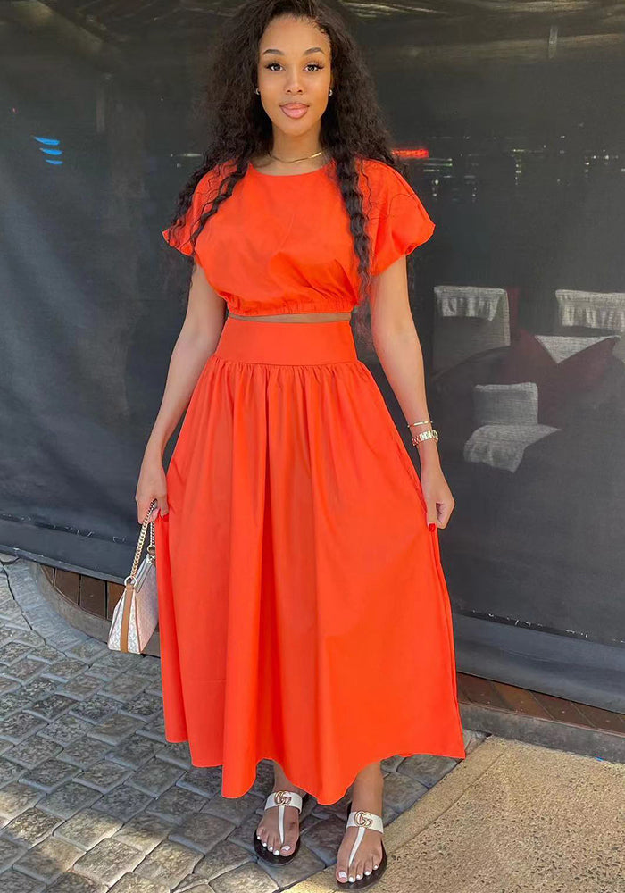 Women Lantern Sleeve Top and Skirt Two-piece Set