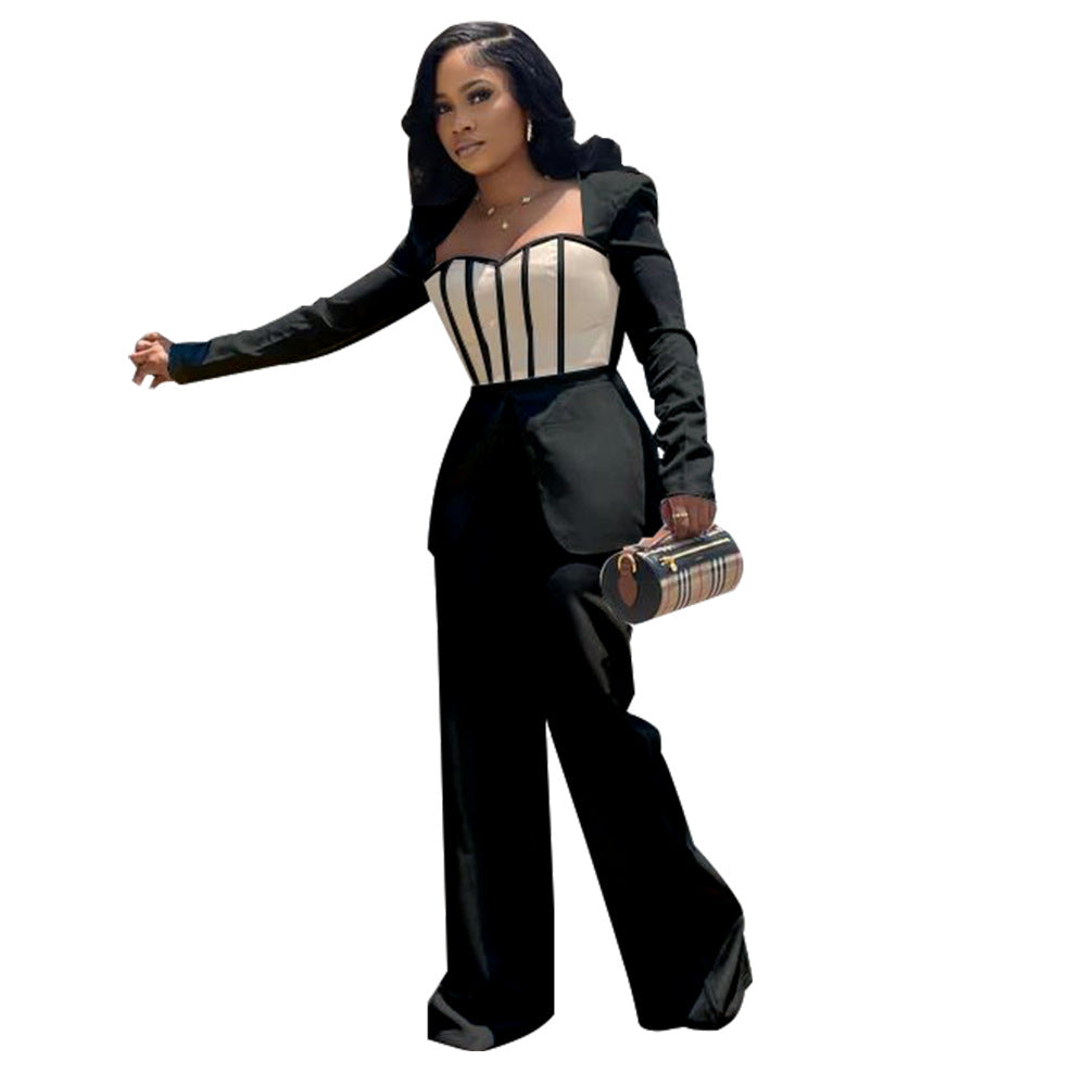 Women's Sexy Slim Waist Contrast Patchwork Long Sleeve Wide Leg Jumpsuit 7
