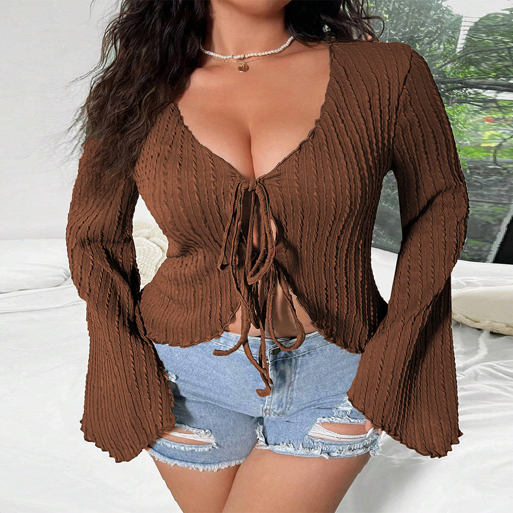 Autumn And Winter Plus Size Women's Sexy V-Neck Bell Bottom Sleeve Slim Lace-Up V-Neck Top 7