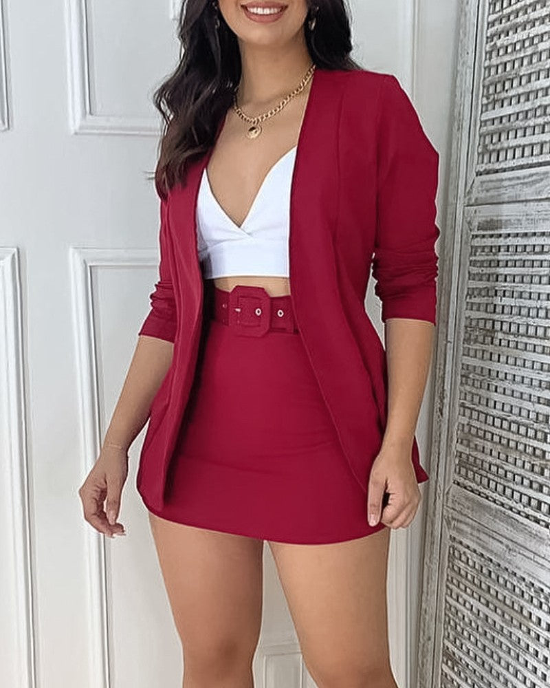 Spring Career Women Coat belt skirt two-piece set 3