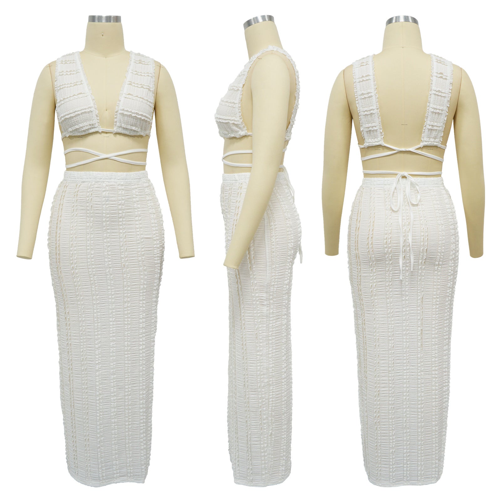 Summer Women Cow Shutter Lace Sleeveless Lace Backless Skirt Two-piece Set 12