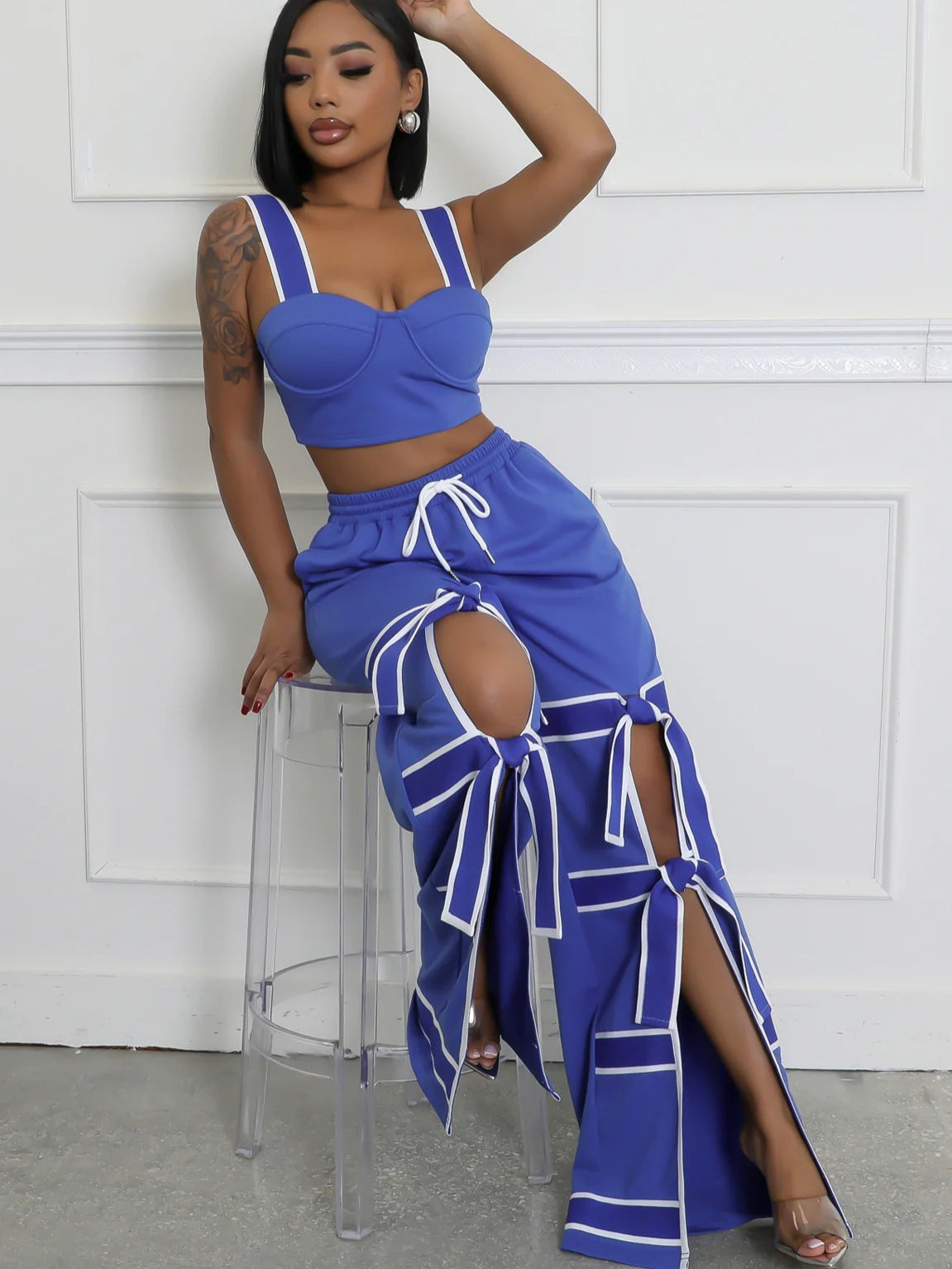 Women's Strap High-Waist Lace-Up Fashion Two Piece Pants Set 6