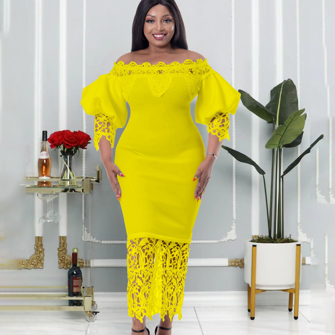 Off Shoulder Off Shoulder Bodycon Lace Patchwork Balloon Sleeve Gown Dress 3