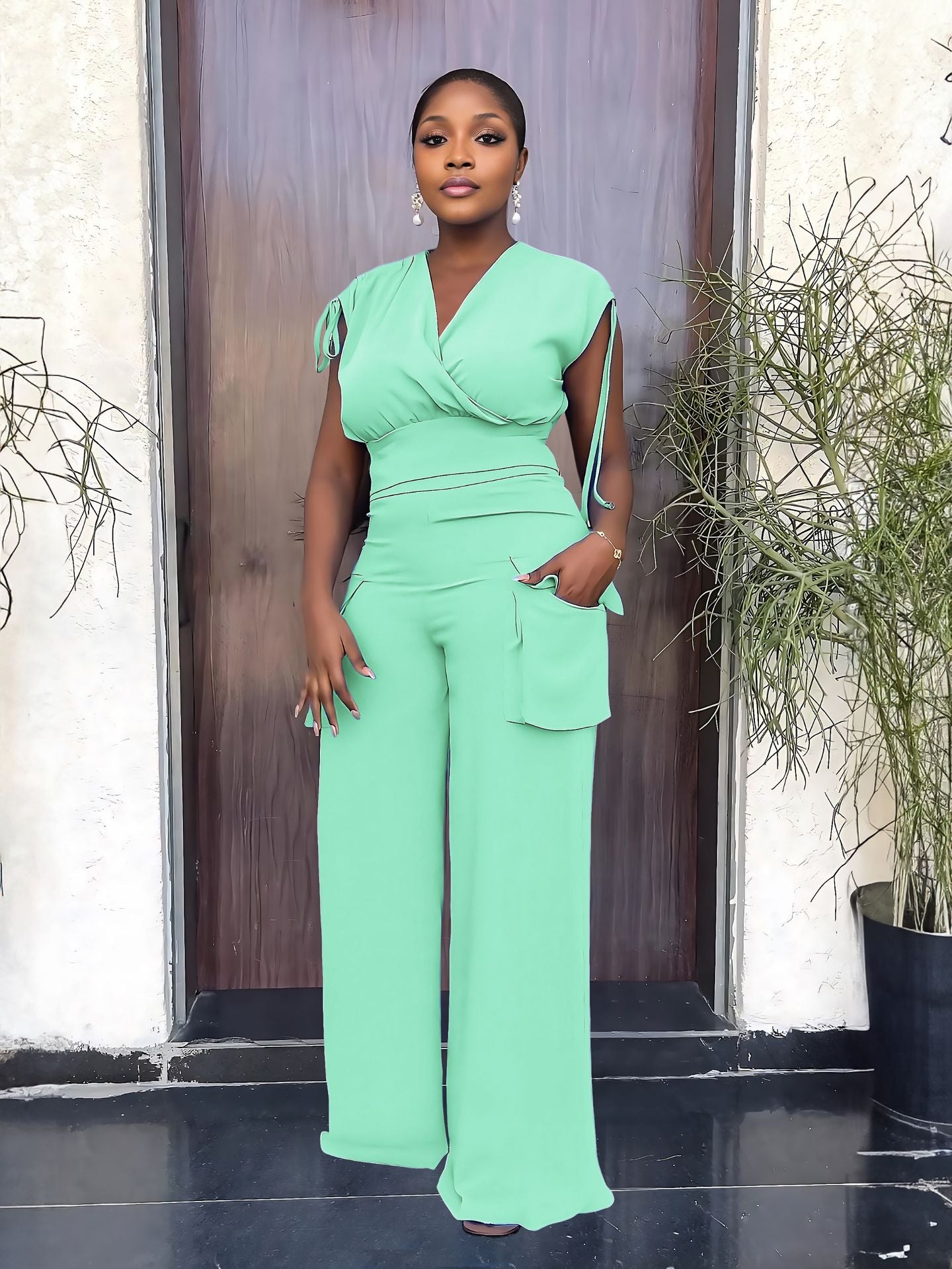 Drawstring Sleeveless Tank Top Chic High Waisted Women's Loose Straight Leg Two-Piece Set 5