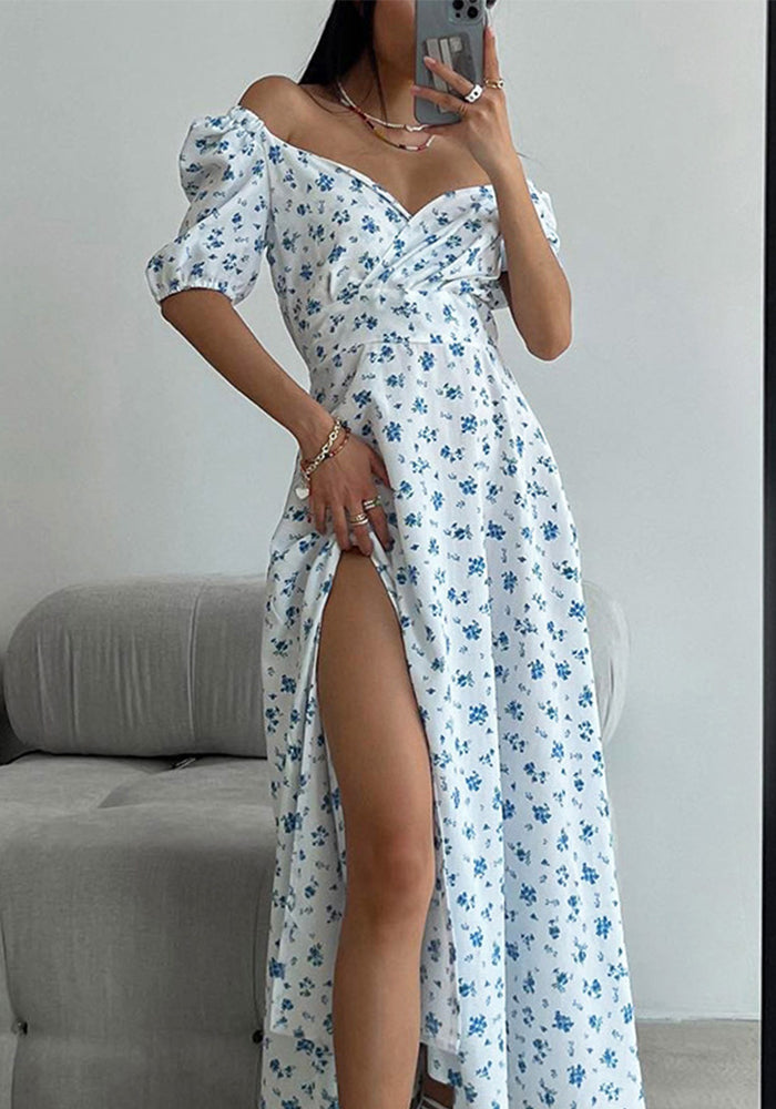 Summer Women's Sweet Chic Square Neck Floral Slit Long Dress