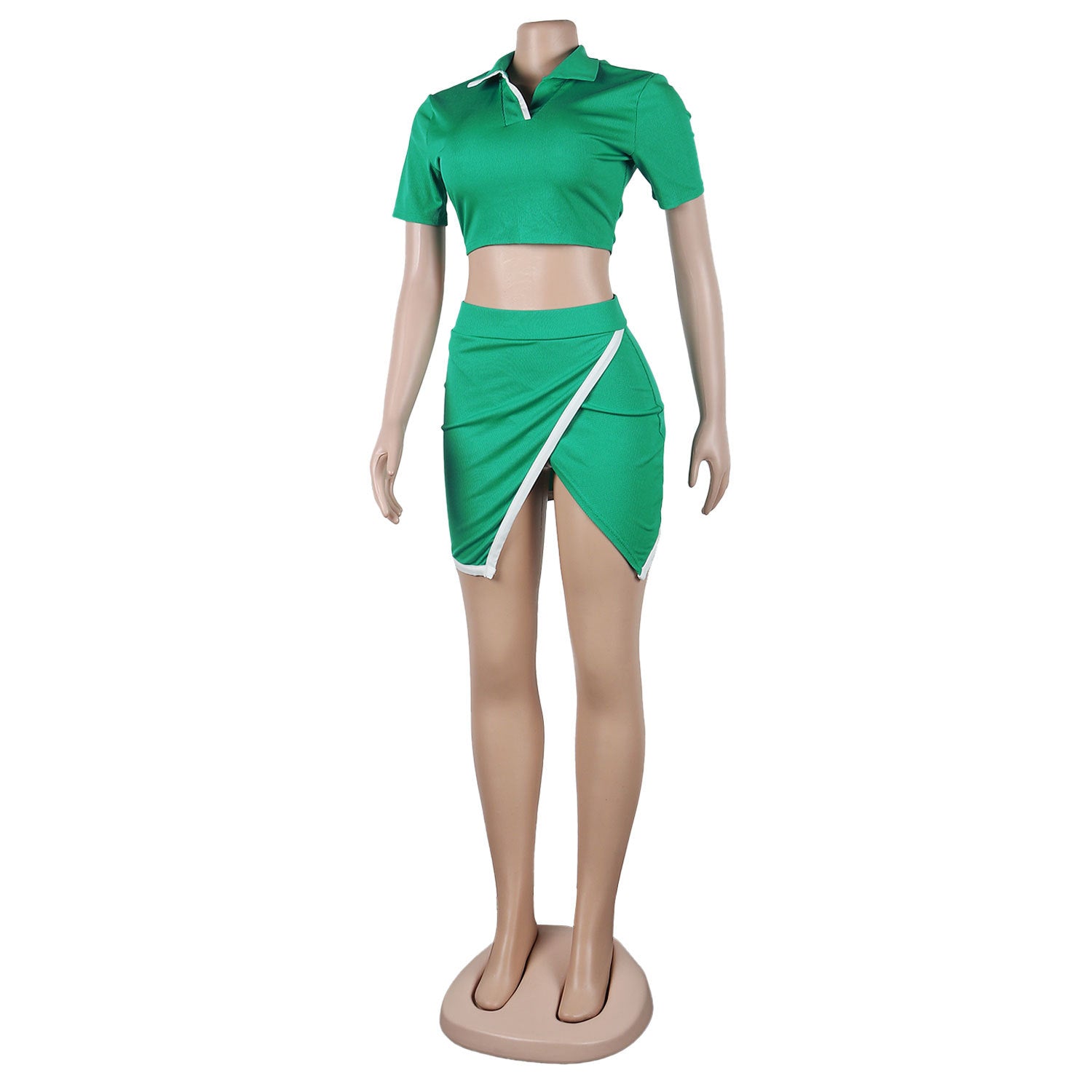 Women Sexy Turndown Collar Short Sleeve Top and Skirt Two-piece Set 19