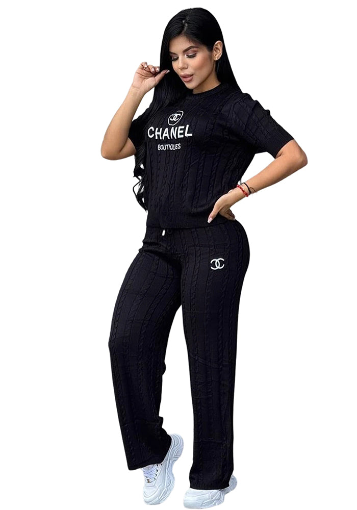 Women Knitting sweater autumn casual short-sleeved sweater top and long pants knitting two-piece set