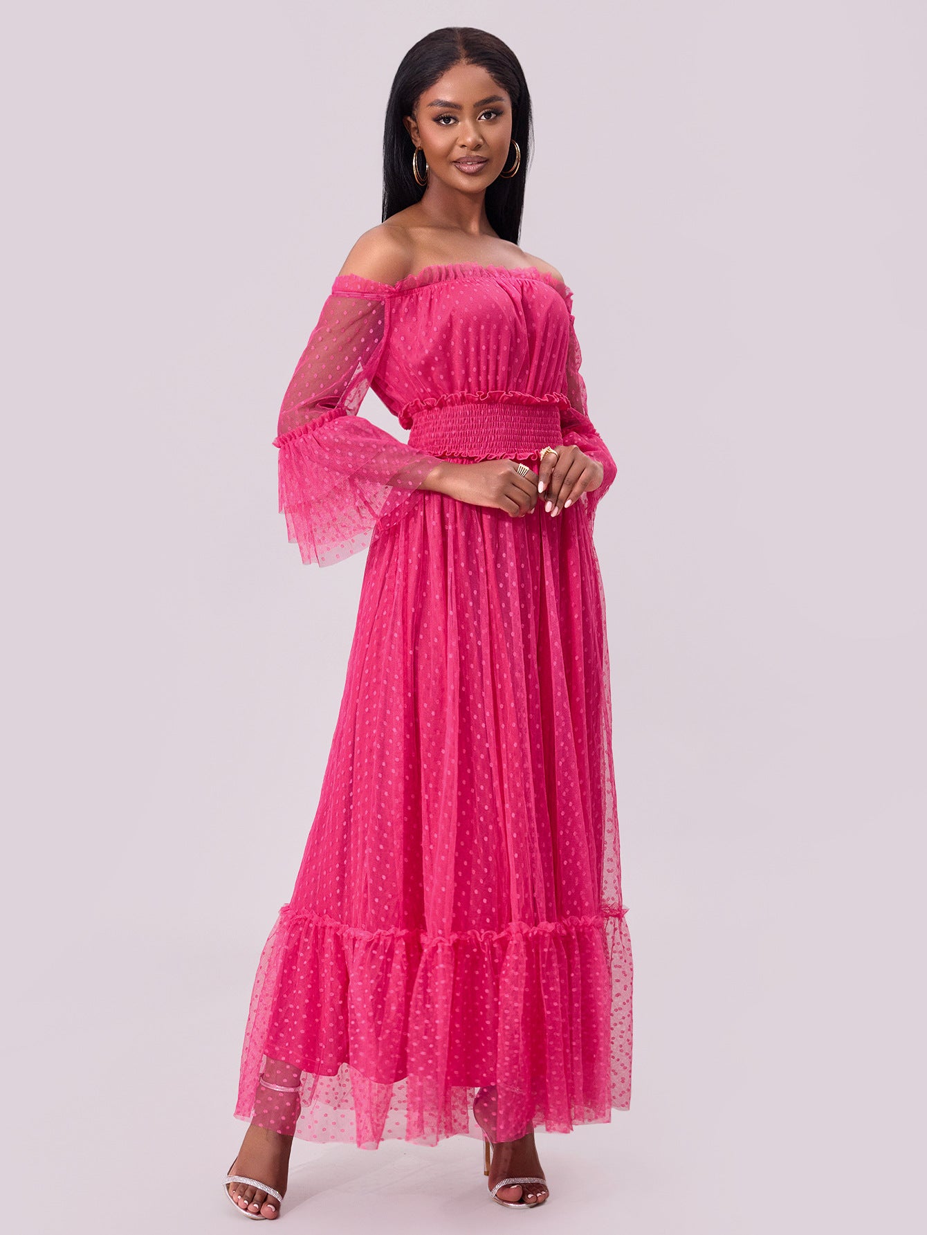 Women's off shoulder mesh long sleeve wedding dress 6