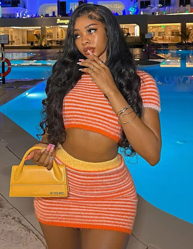 Women's Sexy Stripes short sleeve Knitting Crop Top Skirt Set 3