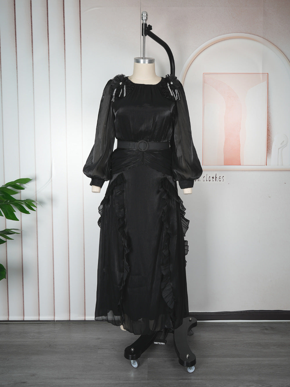 Plus Size African Women Floral Pleated Long-Sleeve Dress 10