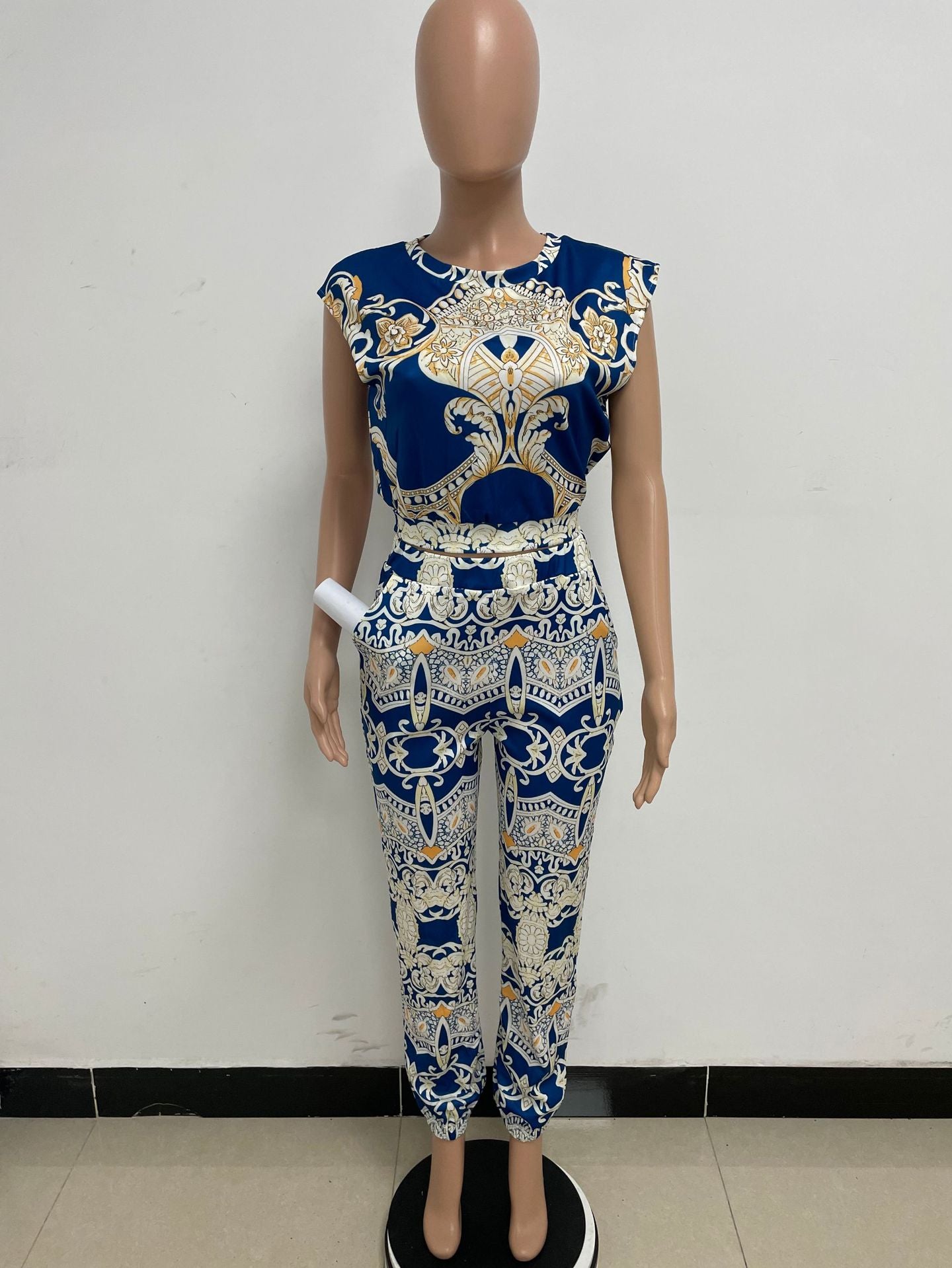 Fashionable Women's Printed Sleeveless Casual Two Piece Pants Set 8