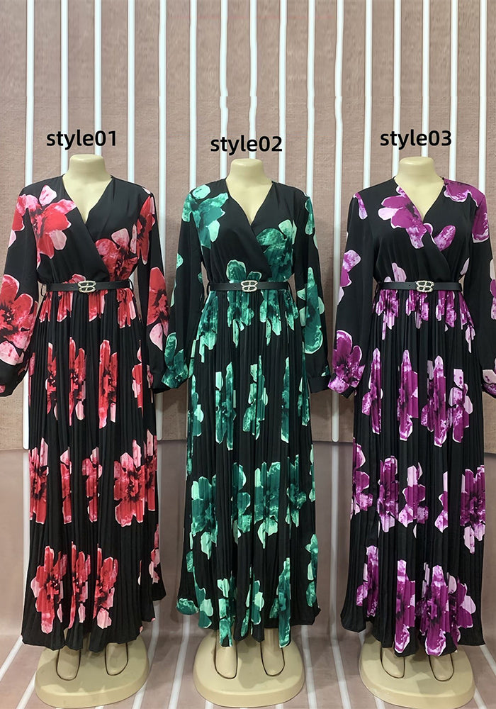 African Women Printed V-neck Long Sleeve Chiffon Dress with Belt