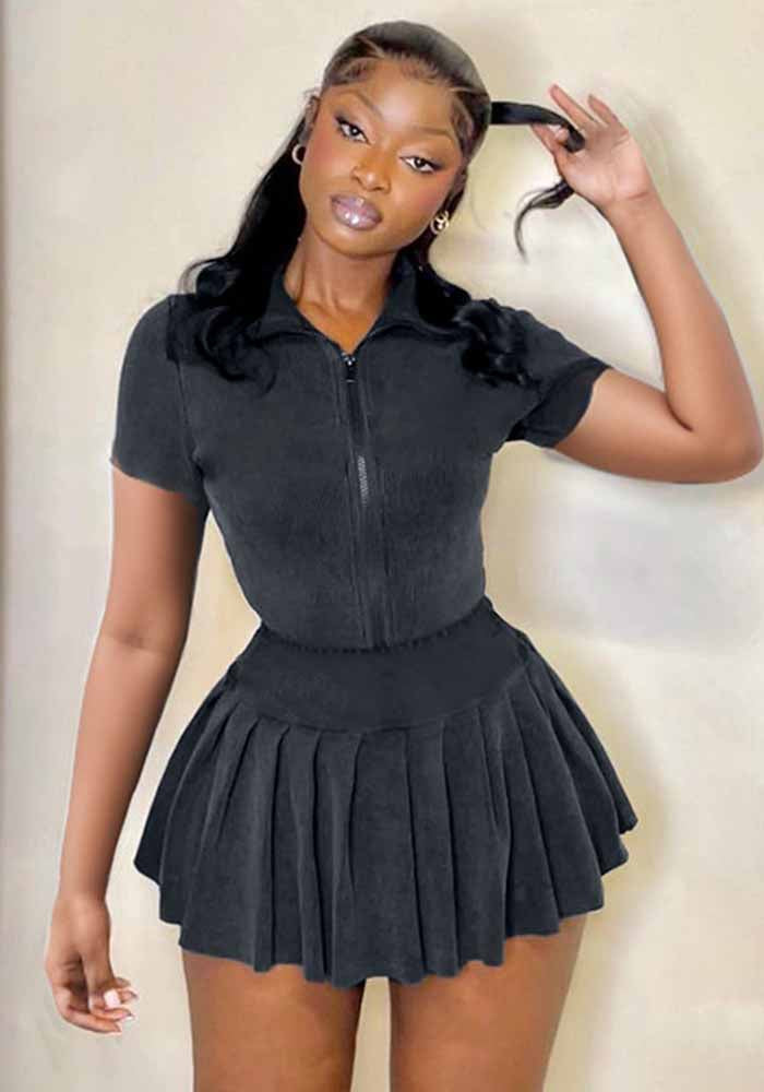 Women Casual Knit Solid Zipper Short Sleeve Top and Pleated Skirt Two-piece Set
