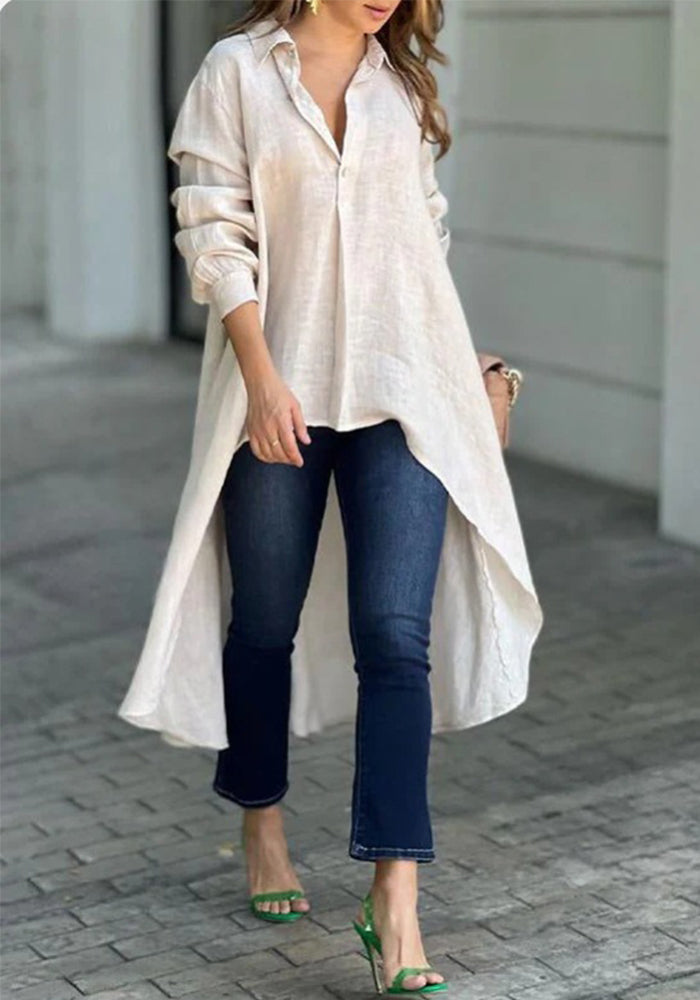 Women Fall Long-sleeved Solid Turndown Collar Shirt