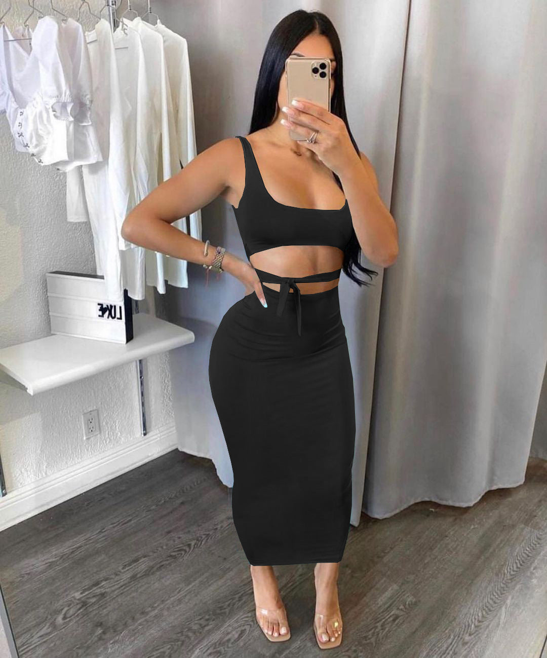 Women's Spring Summer Solid Color Strap Slim Two Piece Skirt Set 5