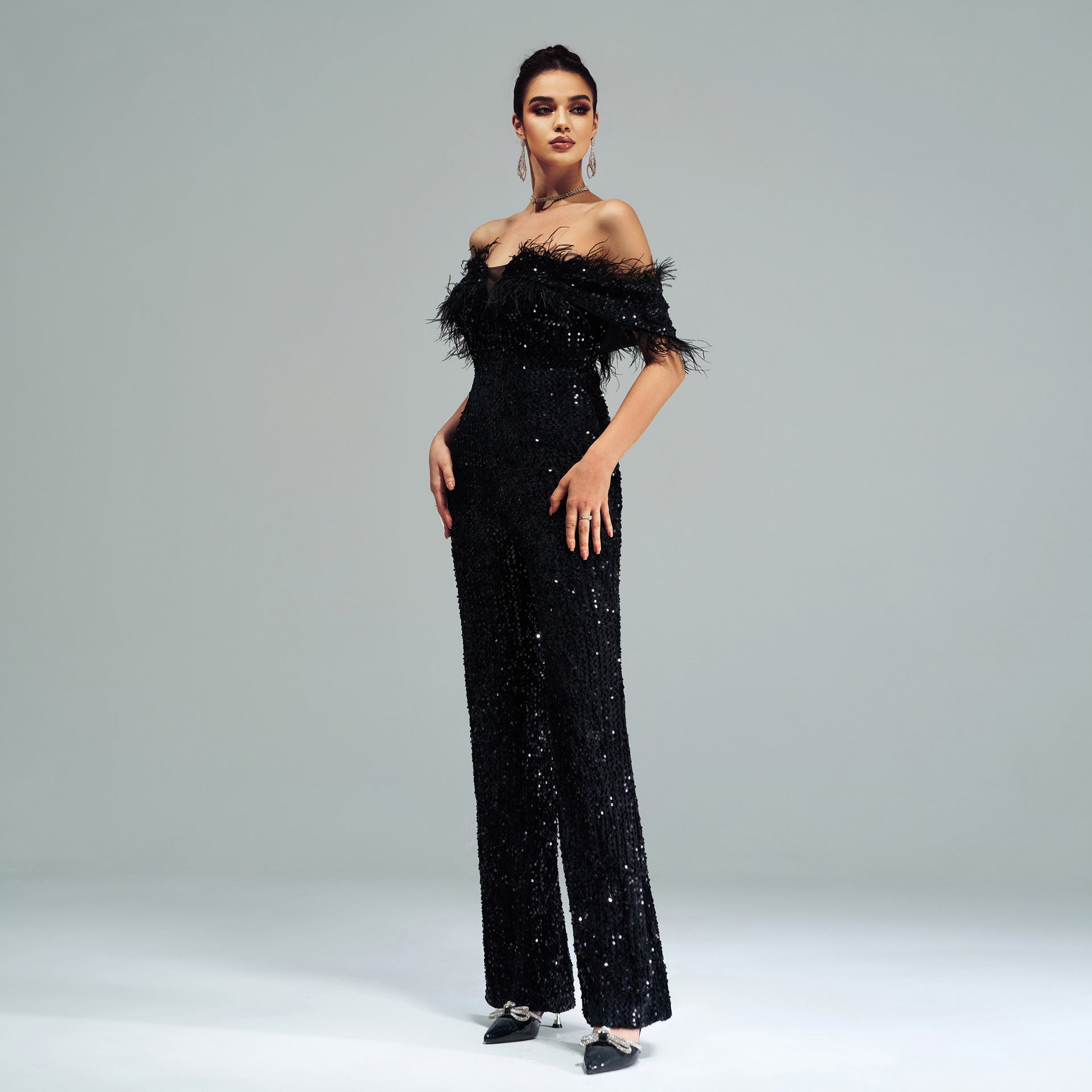 Women's Sexy Long Off Shoulder Sequins Formal Party Jumpsuit 5