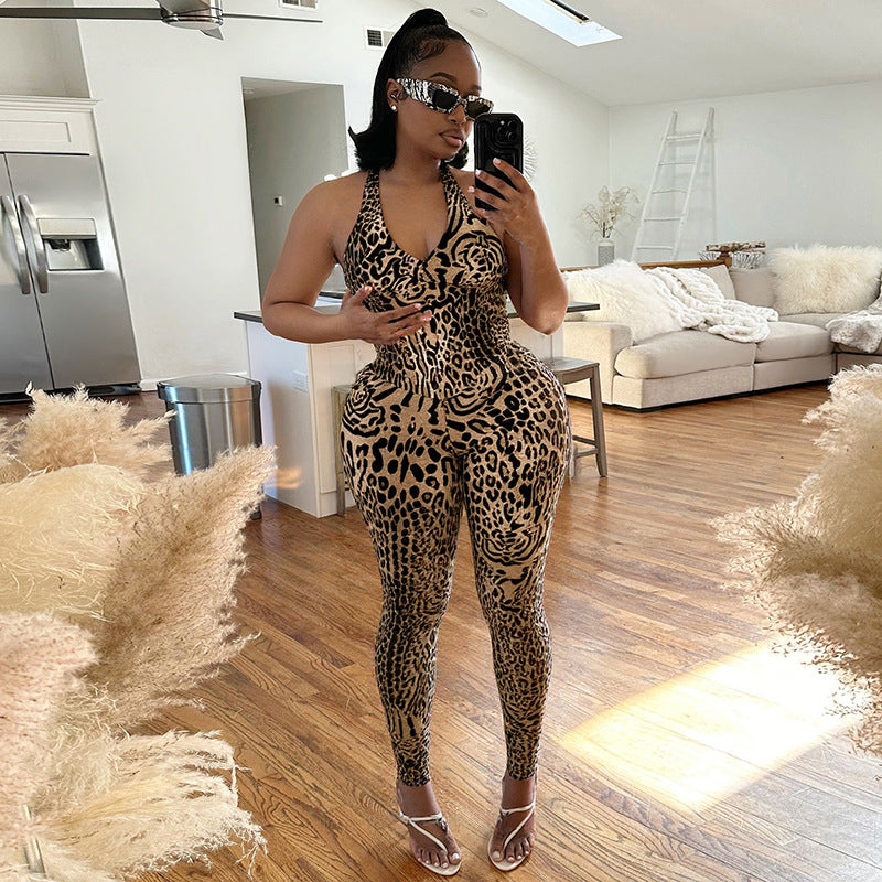 Women's Spring Summer Halter Neck Hollow Low-Back Leopard Print Slim Jumpsuit
