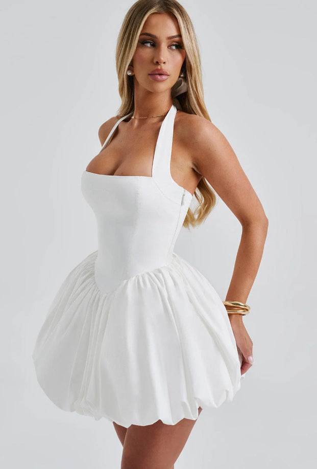 Women Summer Halter Neck Tie-Drawn Bow Puffy Dress 21