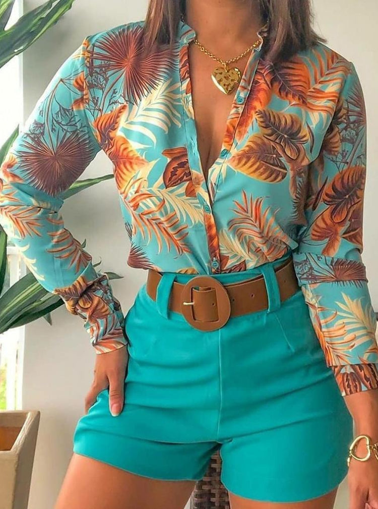 Summer Formal Print Green Long Sleeve Blouse and Plain Shorts 2 Piece Set