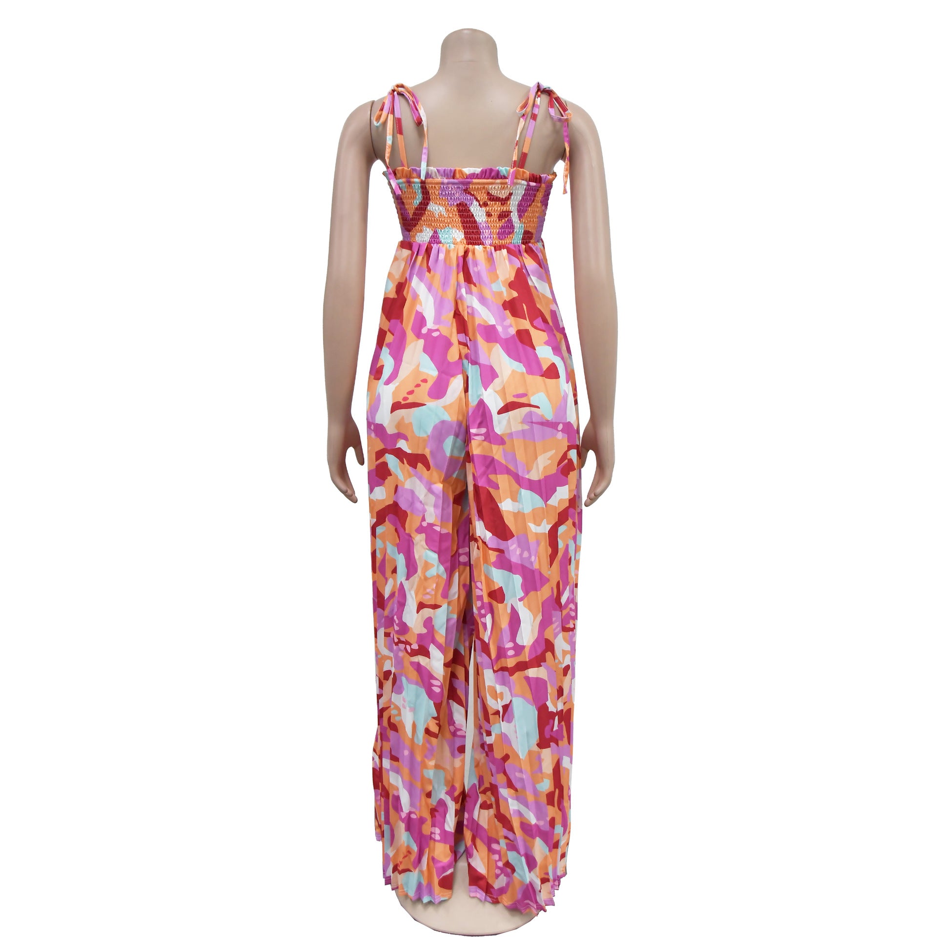 Women Sexy Printed Suspender Pleated Wide Leg Jumpsuit 15