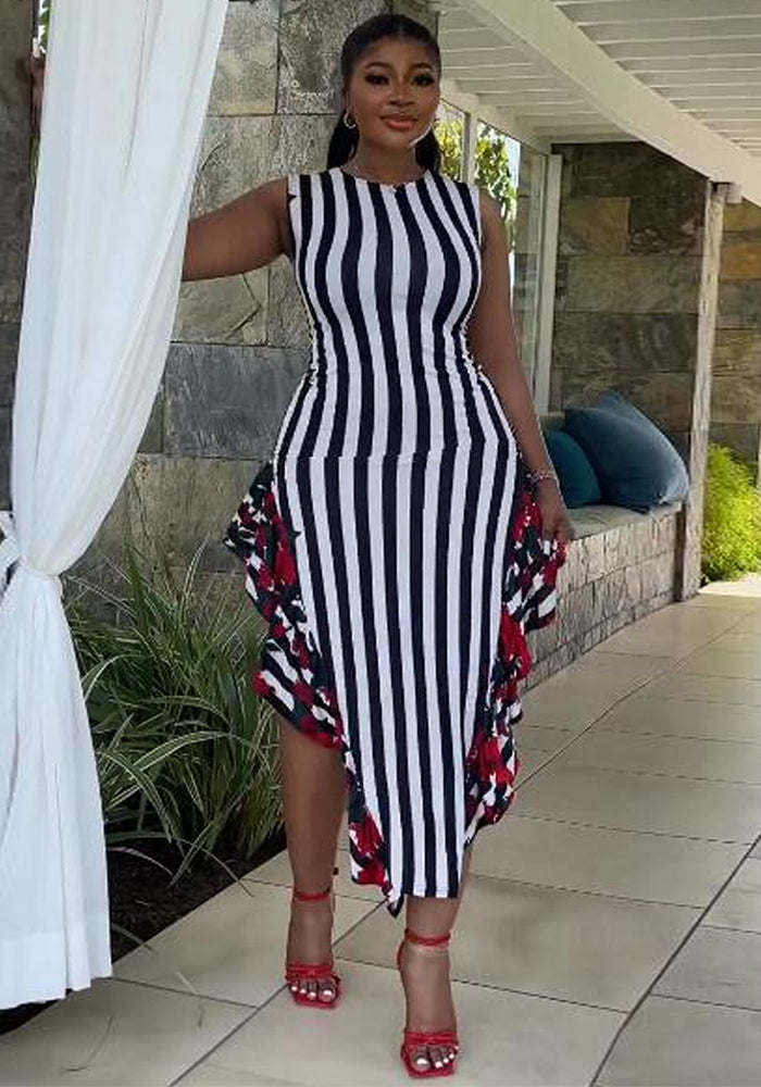 Women's Printed Stripe Patchwork Ruffle Edge Sleeveless Long Dress