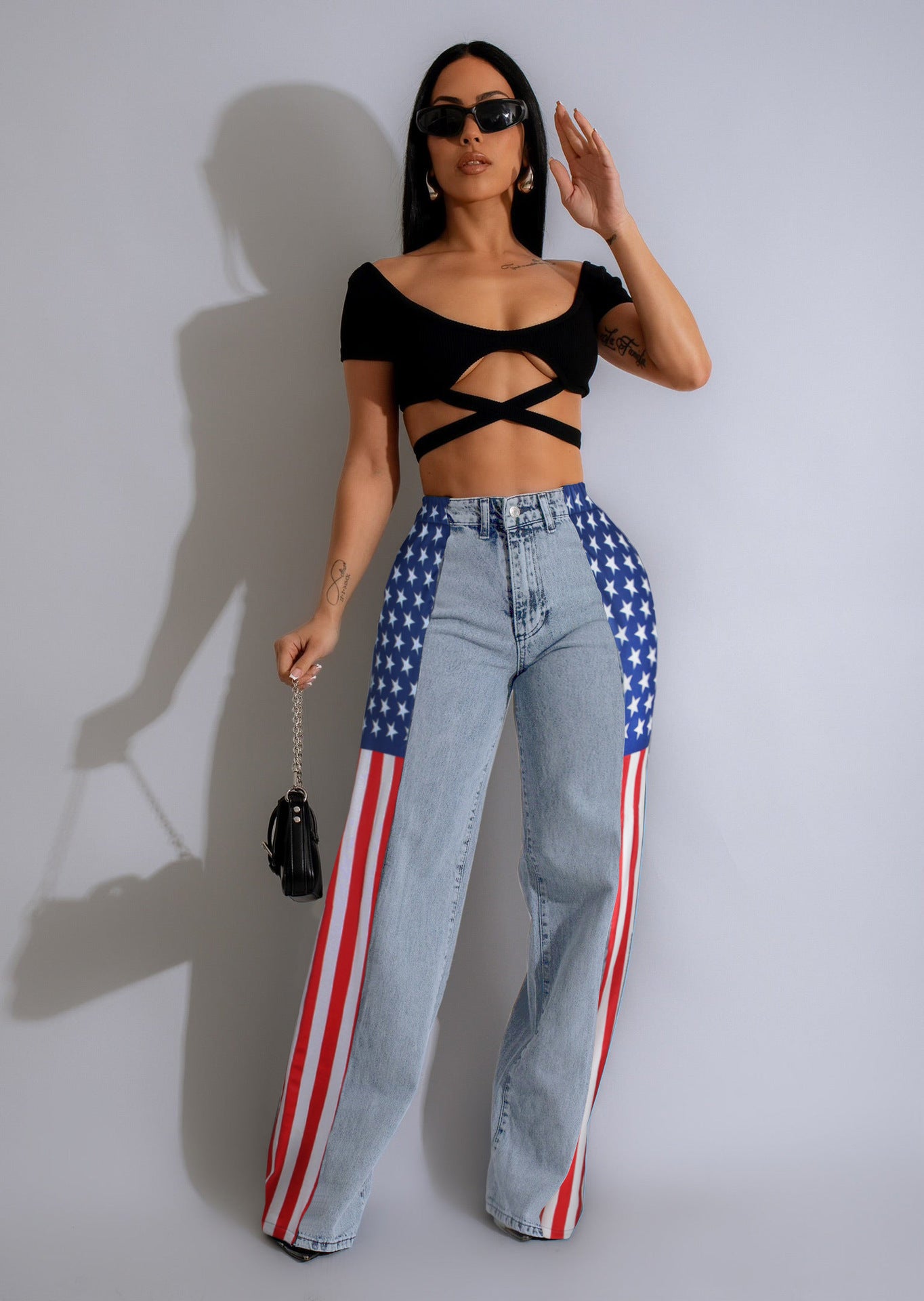 Women American Flag Printed Elastic Wide Leg Denim Pants 8