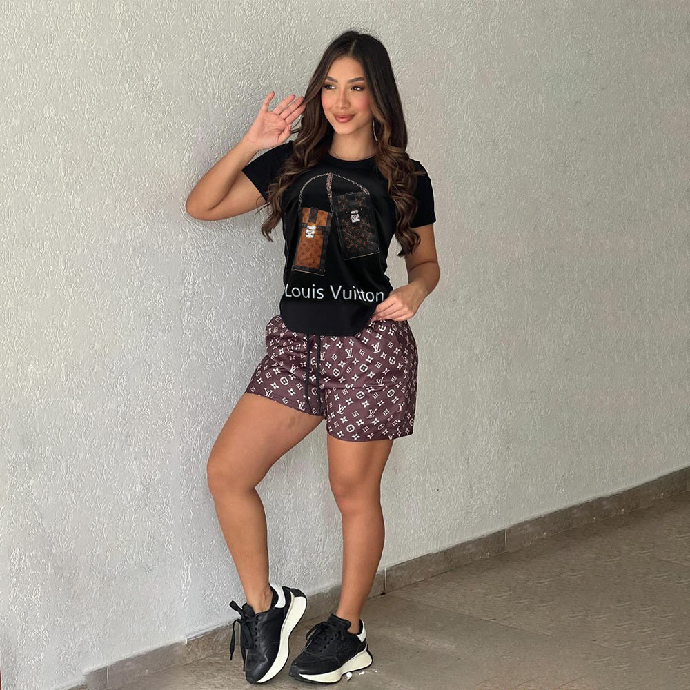 Women's Casual Fashion Cotton Short Sleeve Pocket Two-Piece Shorts Set