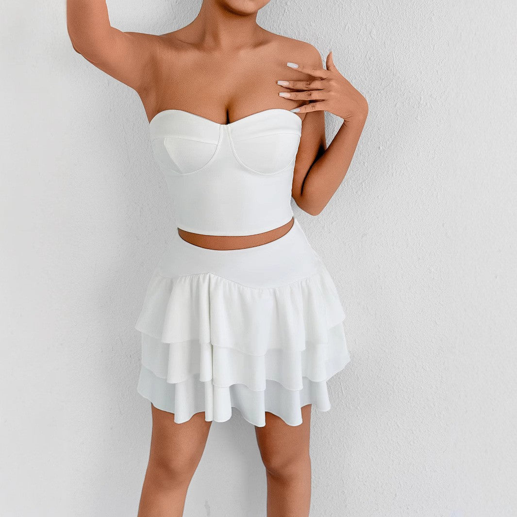 Sexy Strapless top Ruffled Cascading Short Skirt Two-Piece set 5
