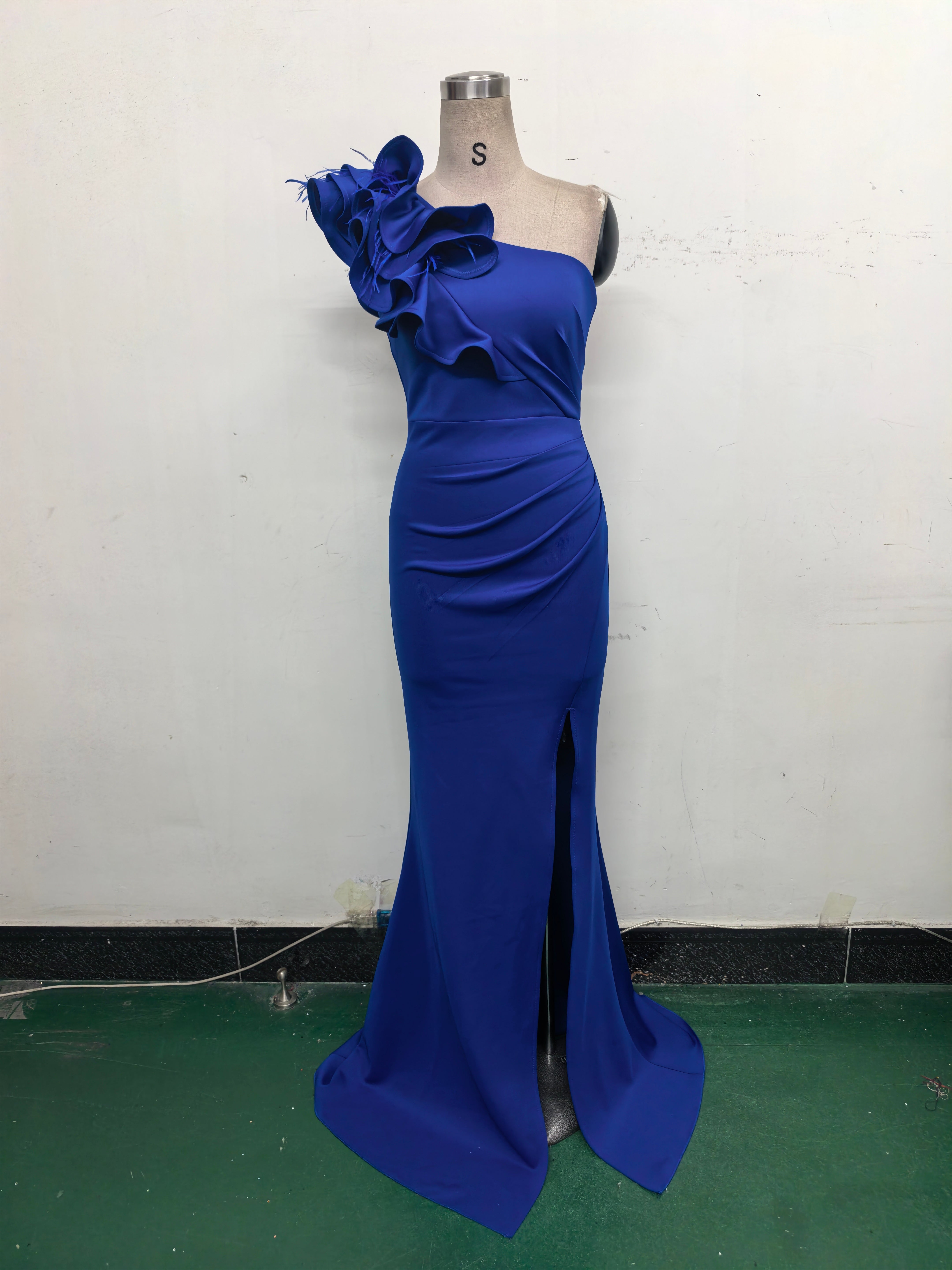 Women One-Shoulder Beaded Wool and Floral Satin Slit Sexy Evening Dress 48