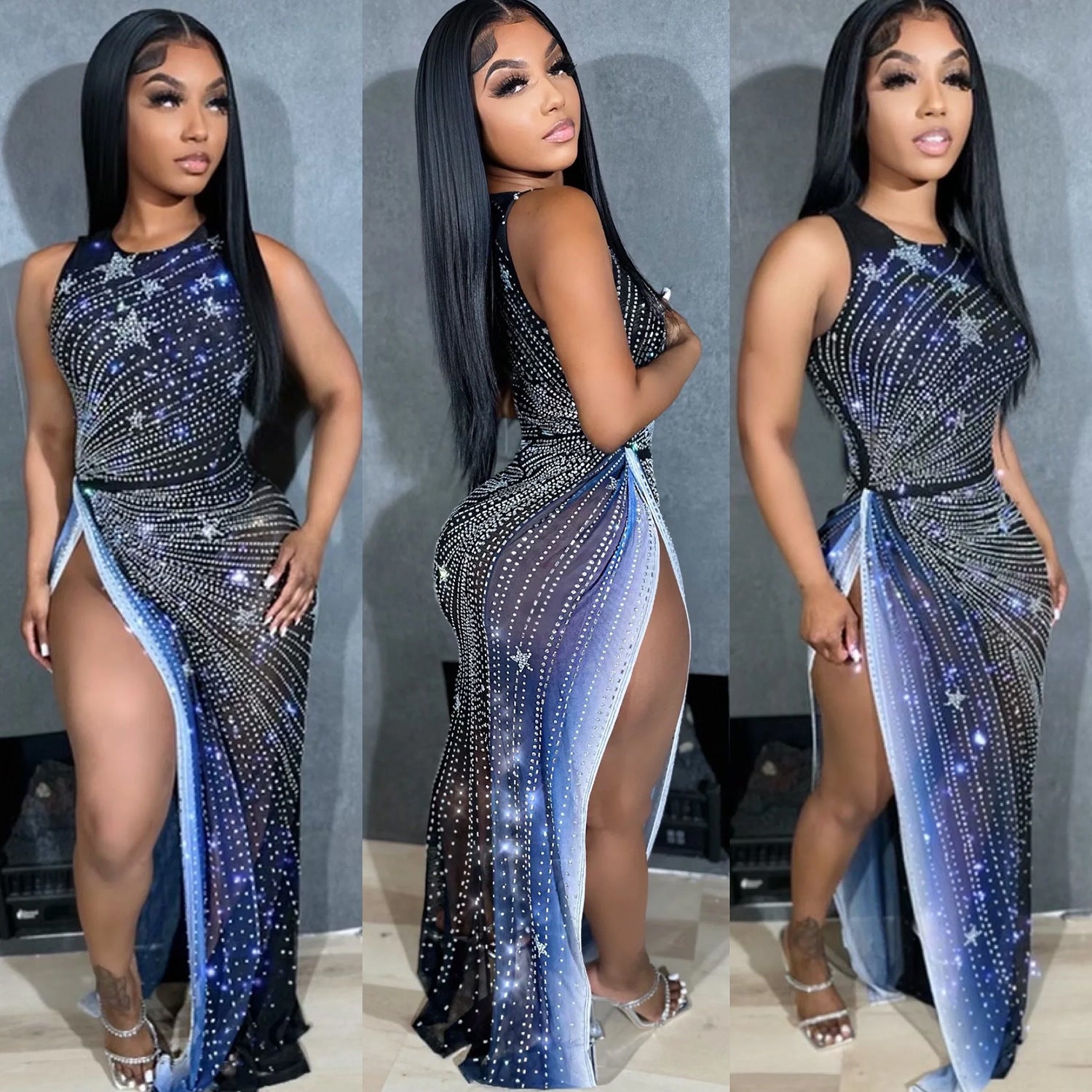 Summer Women Sexy Mesh Beaded Printed Slit Dress