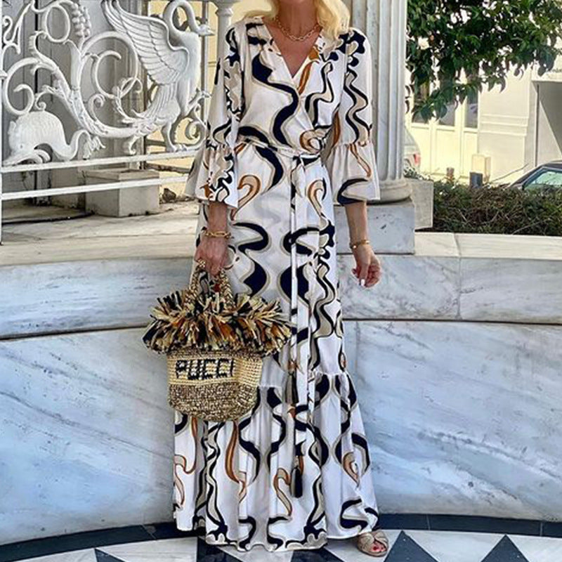 Women Printed Long Sleeve Beach Holidays Maxi Dress 3