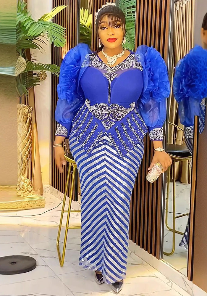 African Women's Plus Size High Waist Beaded Sequin Formal Party Dress