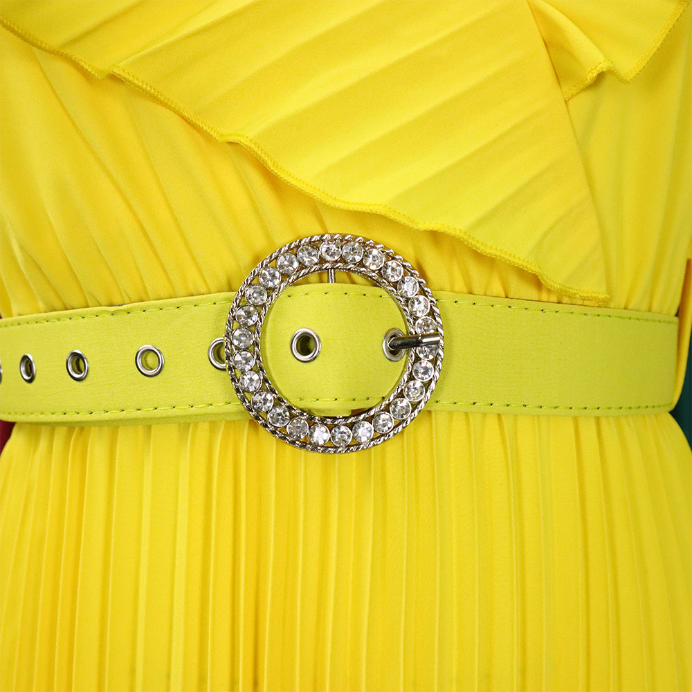 Women Summer Sexy Ruffled Pleated Maxi Dress with Belt 16