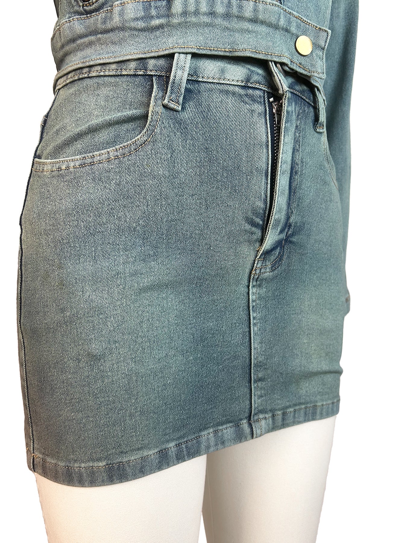 Women's Clothing Denim Patch Embroidered Zip Long Sleeve Top Slim Mini Skirt Two-Piece Set 9