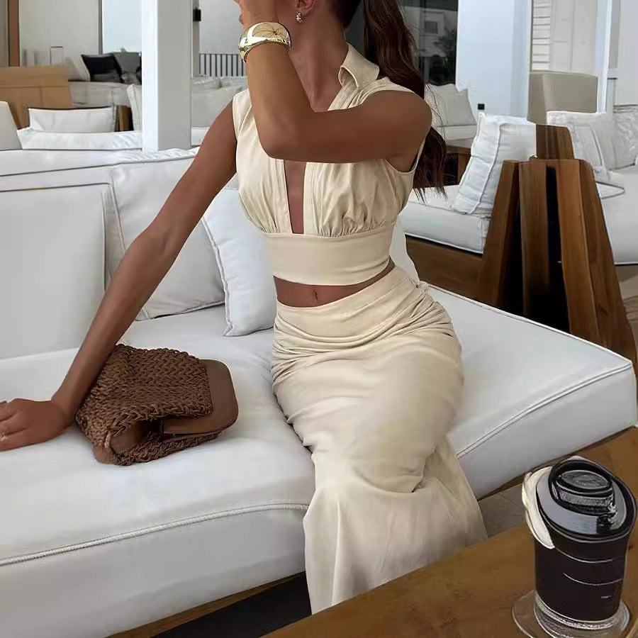 Spring Summer Turndown Collar Sleeveless Top Long Skirt  Casual Two-Piece Set 3