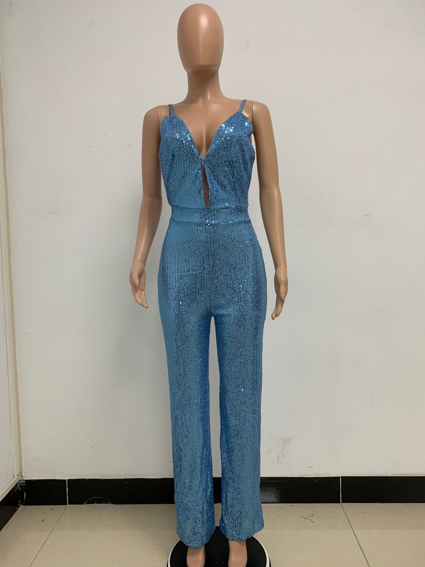 Deep V Neck Low Back Sleeveless Chic Sequined Straps Elegant Women's Party Jumpsuit 107