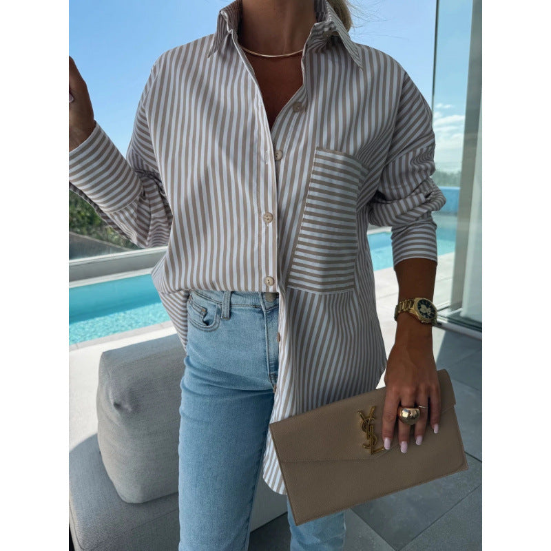 Women Pocket Stripe Long Sleeve Shirt