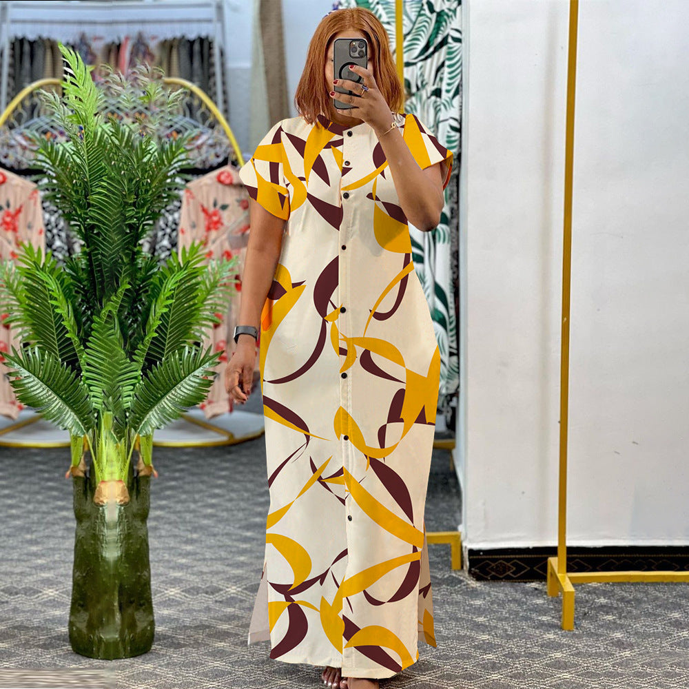 Summer Fashion Printed Short Sleeve Slit Shirt Maxi Dress Plus Size Dress 3