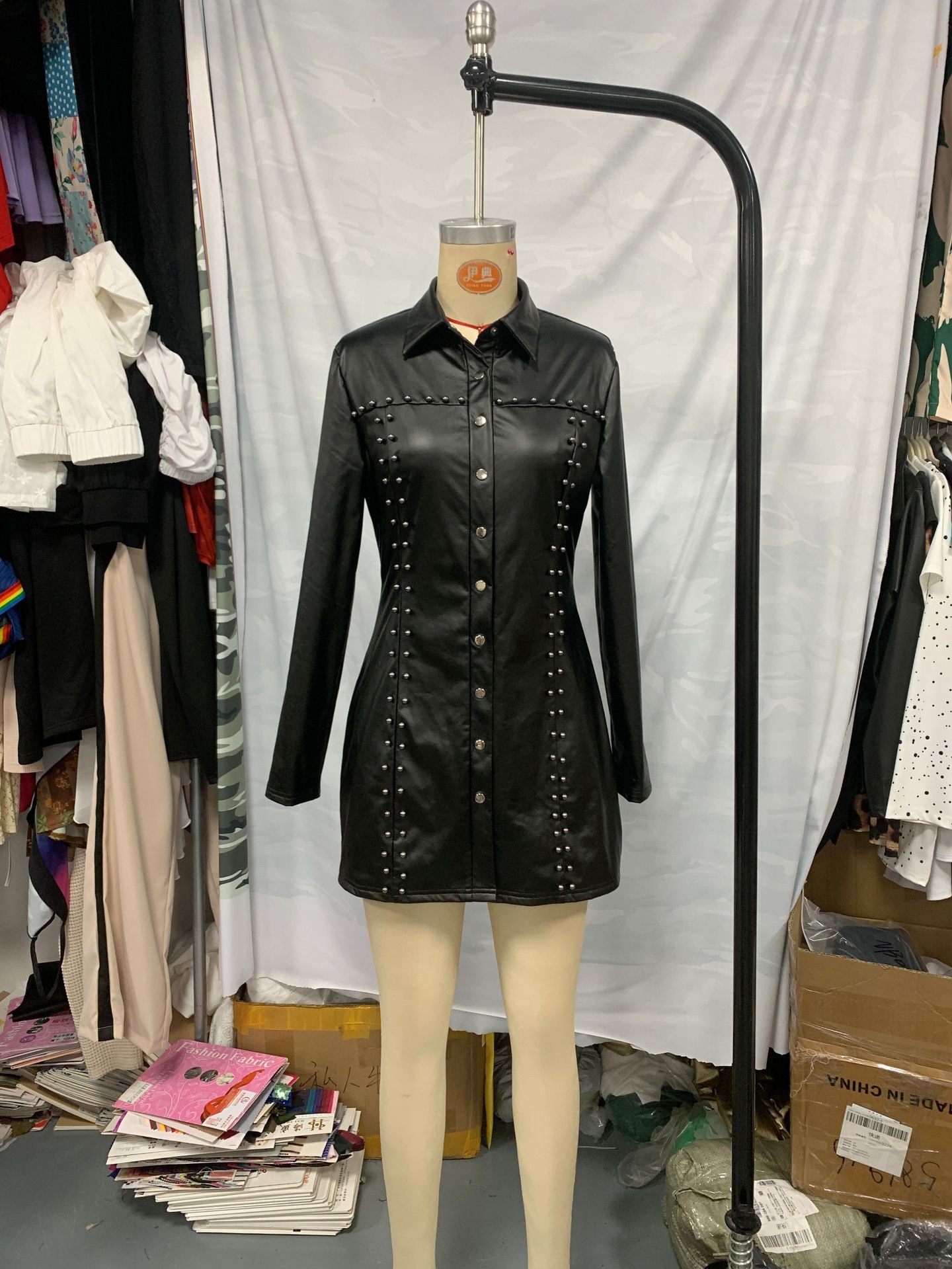 Women Long Sleeve Beaded Snap Button Turndown Collar Sexy Pu-Leather Dress 6