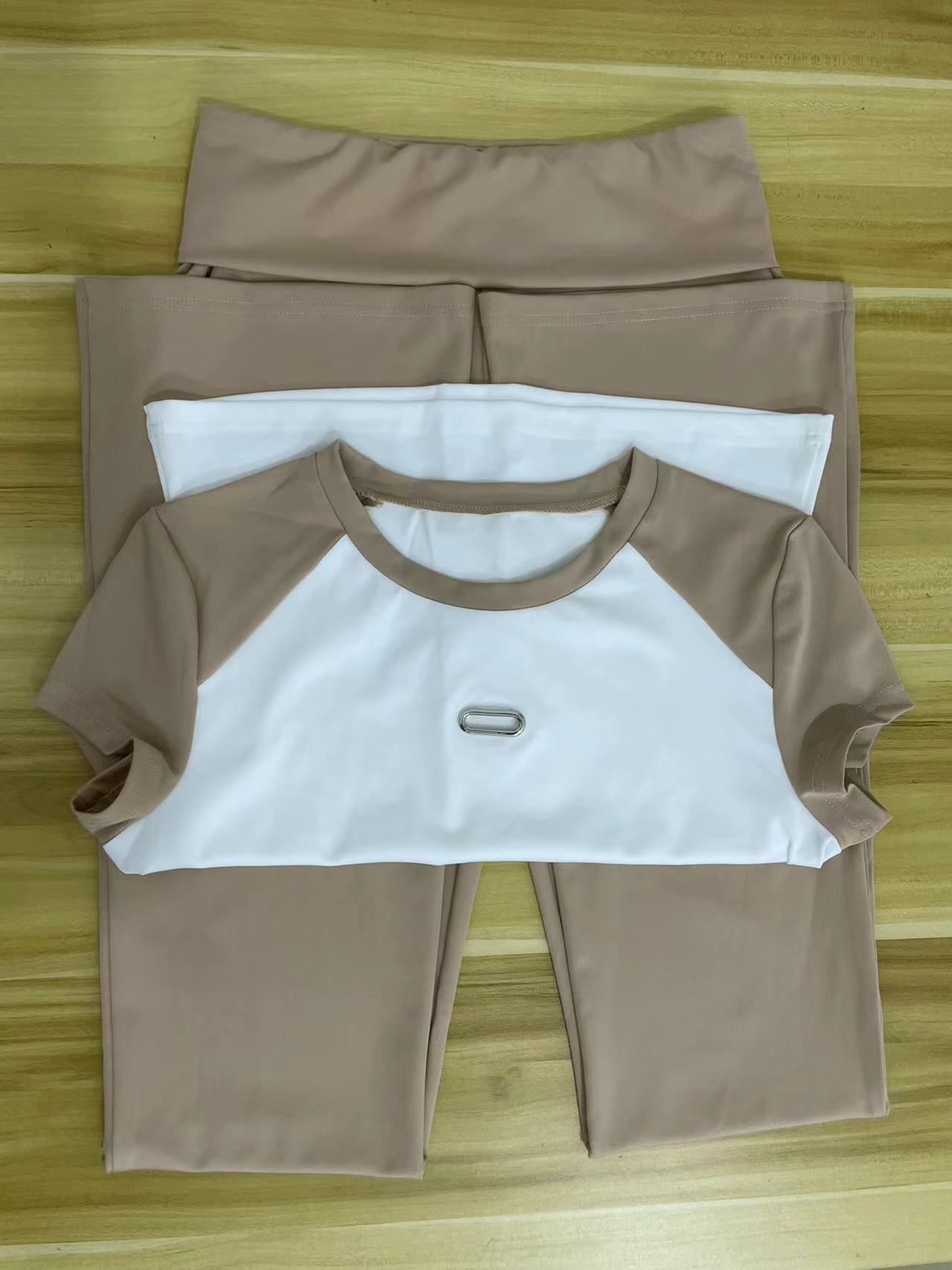 Women's Spring Summer Color Matching Sports Dance Fitness Yoga Short-Sleeved Two-Piece Pants Set 16