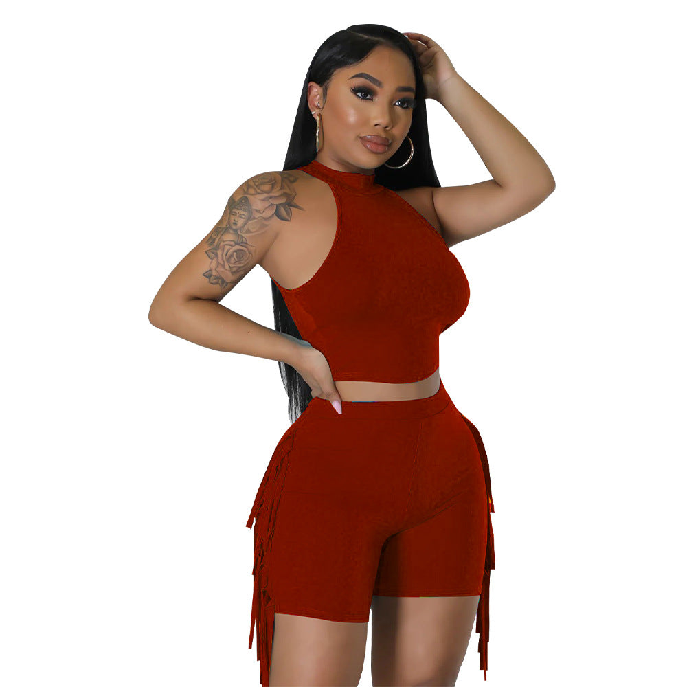 Women Sleeveless Round Neck Top and Tassel Shorts Casual Two-Piece Set 10