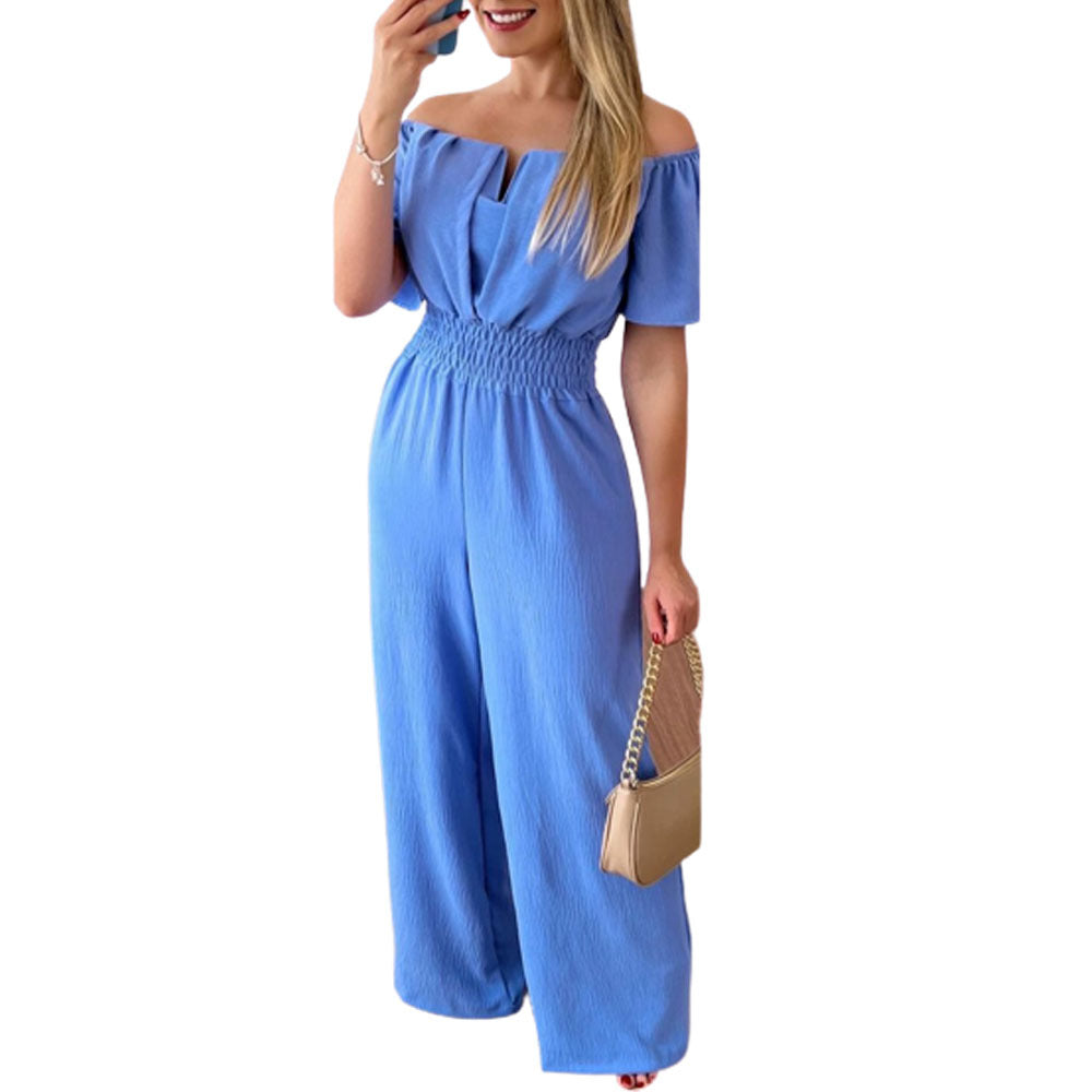 Women Off Shoulder V Neck Loose Straight Jumpsuit 17