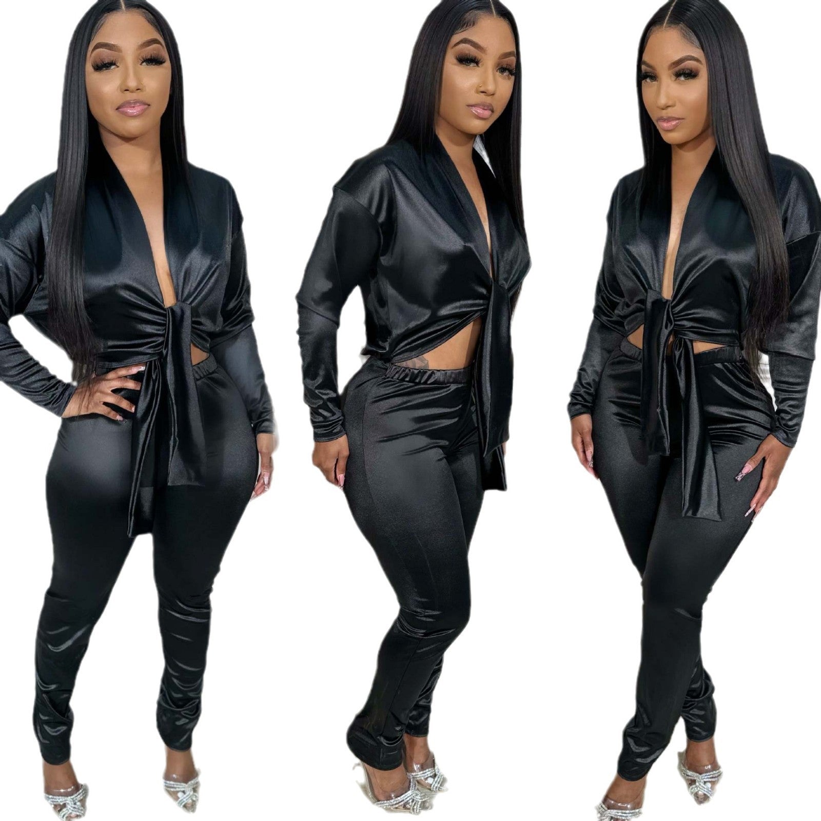Women Sexy V-Neck Long Sleeve Top and Pant Two-Piece Set 4