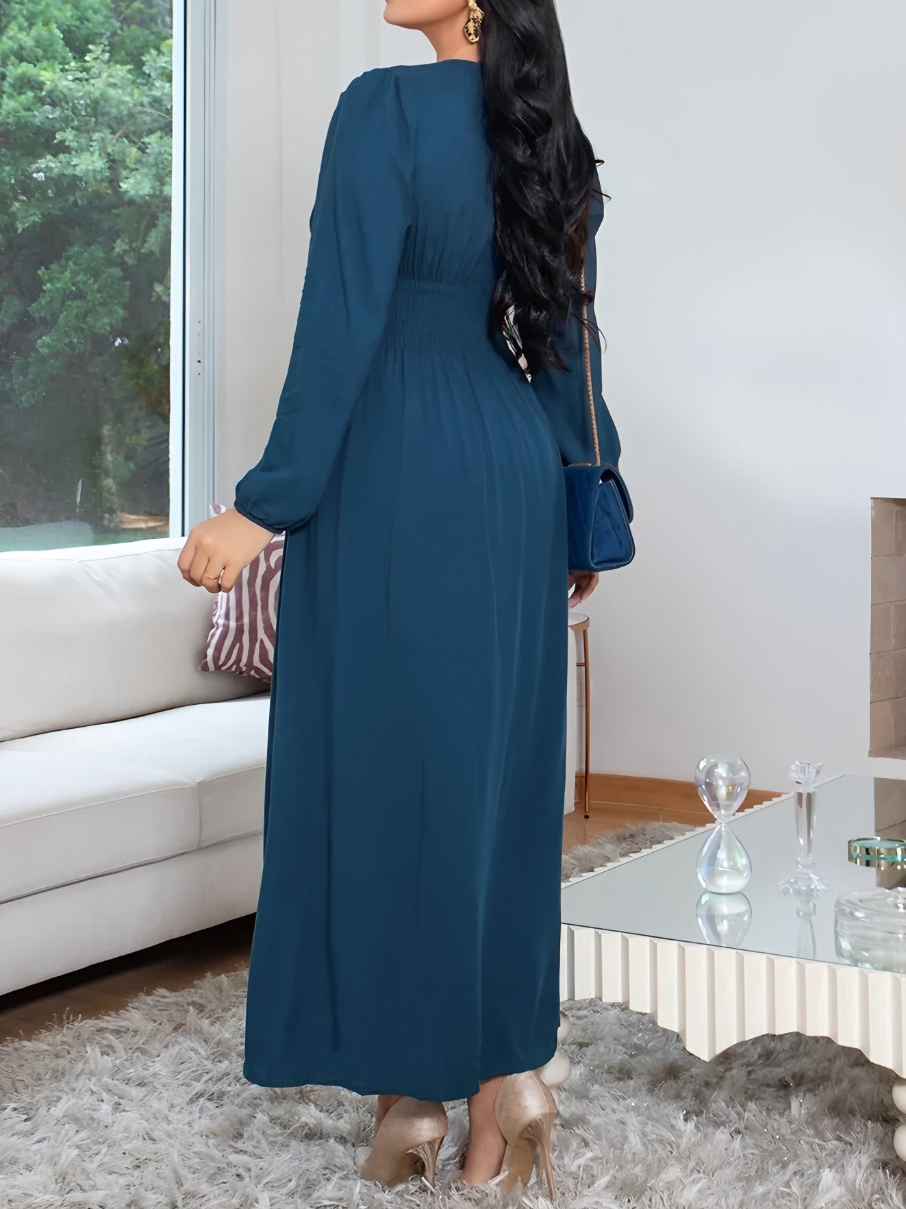Women Casual Button Long-Sleeved V-Neck Dress