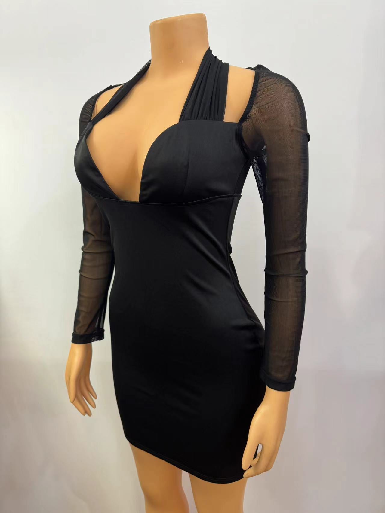 Women Halter Neck Sexy Mesh Patchwork Long Sleeve Bodycon Dress 11